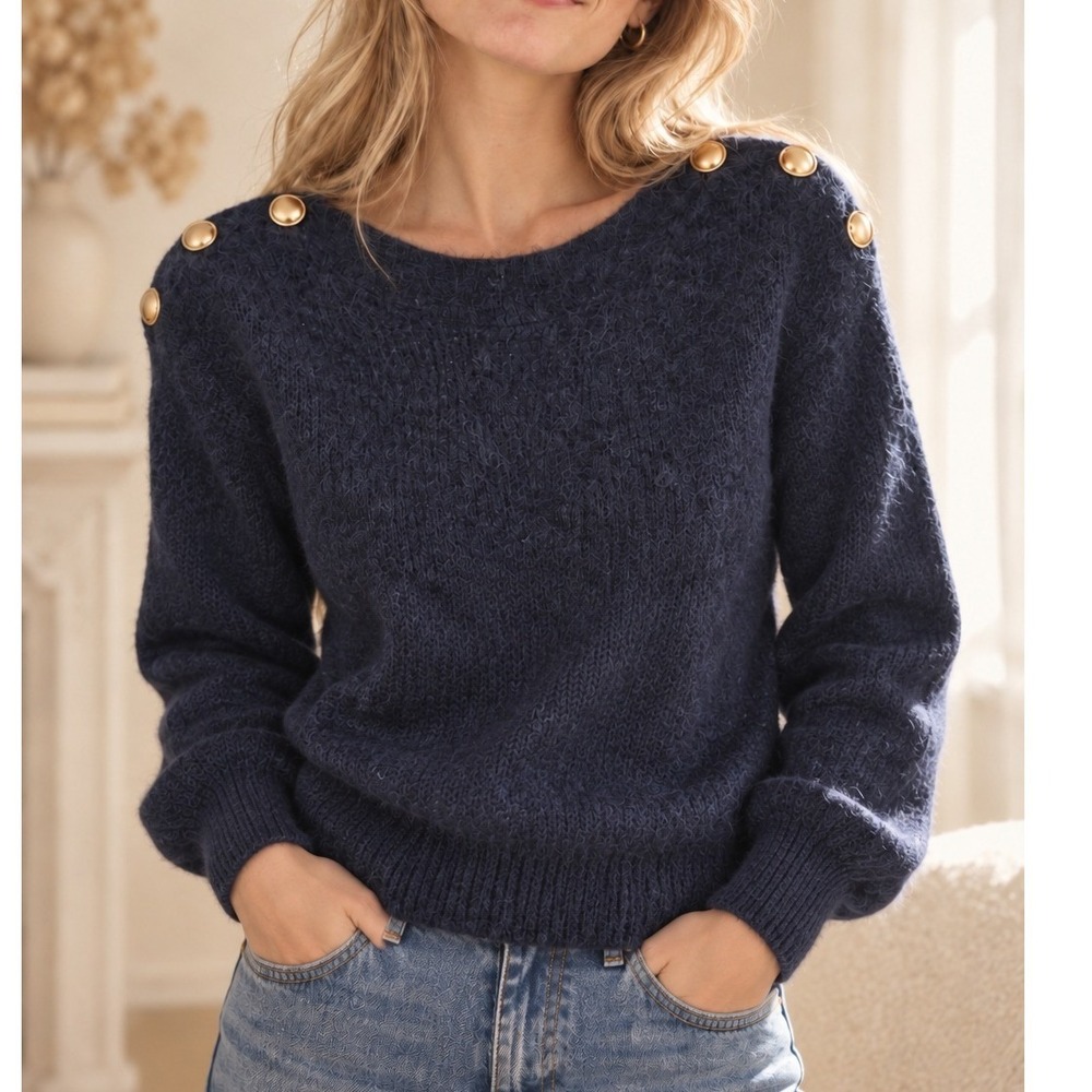 Sézane Victor Pull Marine Navy Baby Alpaca Blend Gold Button Sweater XS